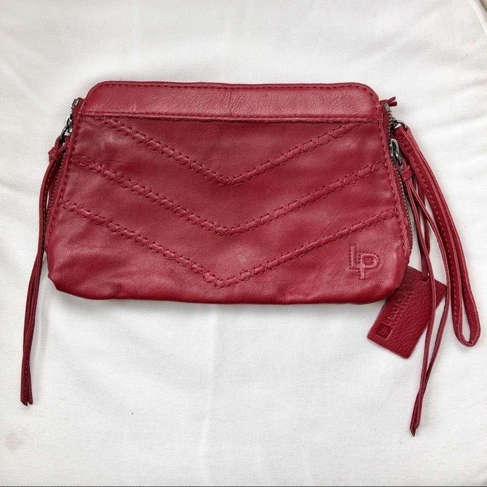 Linea Pelle Red Leather Clutch Embroidered Chevron